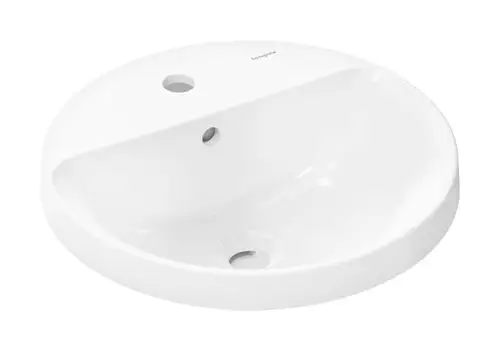 Runder Einbauwaschtisch in Weiß mit zwei Löchern, einem zum Wasserhahn und einem Überlauf, von der Marke Hansgrohe.